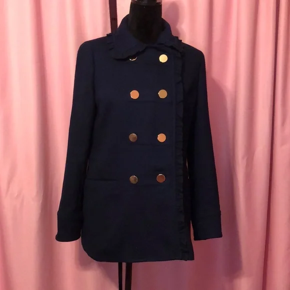 Crown and Ivy Navy Blue Double Breasted Coat With Ruffled Peter Pan Collar - Picture 1 of 8